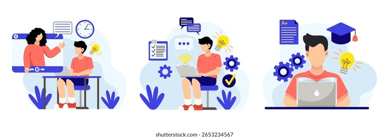 Aprendizagem on-line, estudantes que estudam através de tutoriais de laptop e vídeo, educação digital, sala de aula virtual e tecnologia de e-learning conceito de ilustração plana vetorial