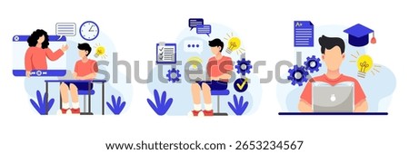 Online learning, students studying via laptop and video tutorials, digital education, virtual classroom, and e-learning technology vector flat illustration concept