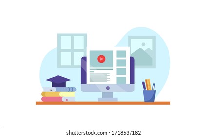 Online Learning. Study From Home.video Learning E-course On Computer Desk With Book And Pencil Case Flat Design Illustration.