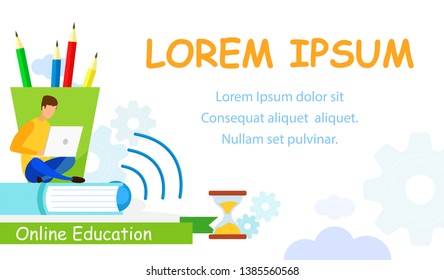 Online Learning, Studying Web Banner Template. Time Management Internet Course Poster with Text Space. Freelancer, Remote Worker, Student Male Cartoon Character. University E-Library Archive