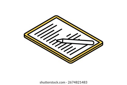 Online learning tablet with stylus pen writing text isometric simple line icon, Vector Illustration