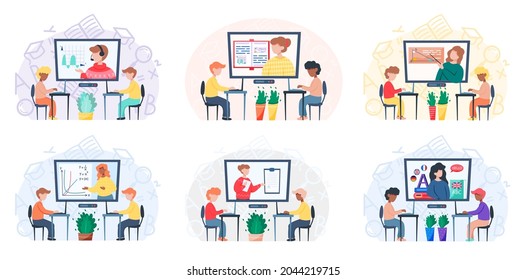 Online learning, teacher of math at computer screen and pupil sitting with laptop. Online mathematics lesson. Video course, distance education, web seminar, internet class, personal teacher service