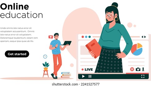 Online Learning and teaching- Isometric- Characters -E Education Landing Page-Webinar-digital classroom- Flat Vector Concept-Illustrations-Teacher and Student