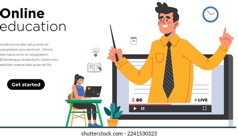 Online-Lernen und -Unterricht - Isometrische Merkmale - Landing Page-E Education-Webinar-Digital-Klassenzimmer - Flaches Vektorkonzept-Illustrationen-Lehrer und Student