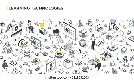 Online learning technologies. Tools and technologies that make training courses and process of self-development more engaging and effective. Isometric illustration of education concept