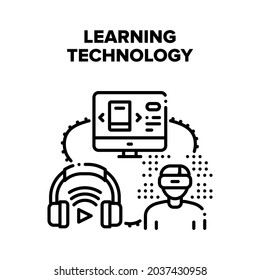 Online Learning Technology Vector Icon Concept. Educational Electronic Book, Audiobook And Vr Glasses With Interactive Video Or Game, Learning Technology. Device For Studying Black Illustration