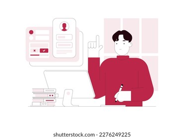 Online learning test teaching features at home, global Education, individual learning plan concept illustration