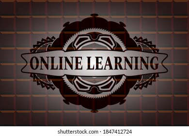 Online Learning text inside chocolate bar badge. Brown fashionable background. Illustration. 