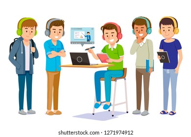 Online learning through electronic tools together. Man share and finding self-knowledge anywhere. e-book and video content service at internet.