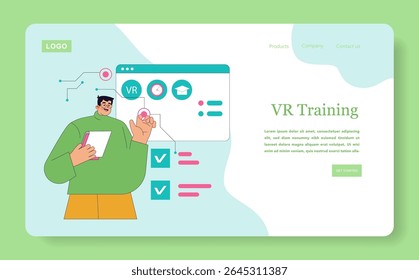 O aprendizado on-line por meio do treinamento de RV aprimora o engajamento e a aquisição de habilidades. Um usuário interage com uma interface digital, demonstrando os benefícios da tecnologia na educação. Ilustração vetorial.