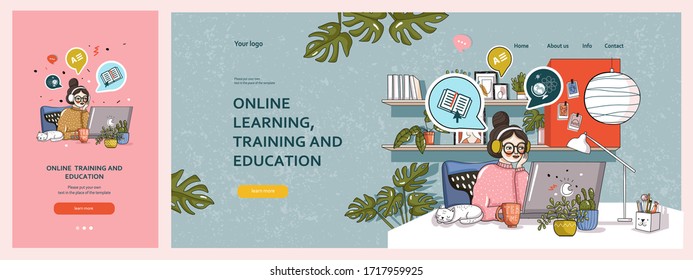 Online learning, training and education. Vector illustration of a woman at a computer studying in distance learning. Cozy home office on self-isolation
 
