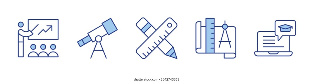 Online-Lernen, Training, Teleskop, Lineal, Kompass. Symbol, Vektorgrafik. Duotone-Linienstil. Bearbeitbarer Strich.