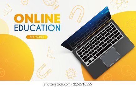 Online learning vector concept design. Online education text with laptop device and icons pattern in yellow background for educational distance learning design. Vector illustration.
