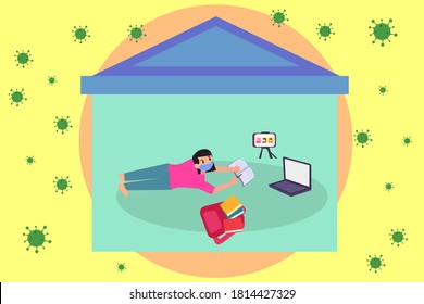 Online learning vector concept: Schoolgirl studying with laptop and smartphone while using facemask