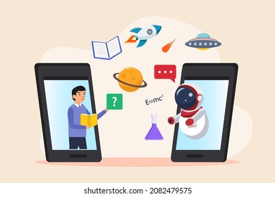 Online learning vector concept: University student learning online on mobile phone with robot teacher 