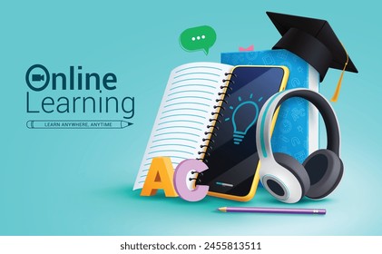 Online learning vector design. Back to school online education with mobile phone, notebook, books and graduation cap elements for e learning courses background. Vector illustration online learning 