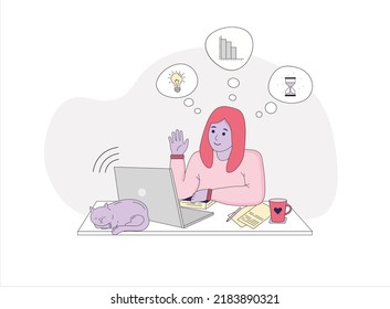 Online-Lernvektorgrafik. Das Konzept des Online-Lernens zu Hause, Online-Bildung, Fernunterricht. Violetskrankheit, die am Computer sitzt und die Hand hochgezogen hat