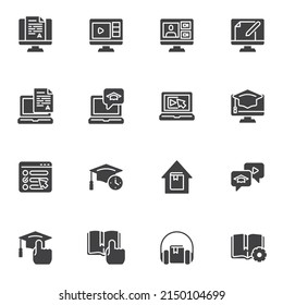 Online learning vector icons set, modern solid symbol collection, filled style pictogram pack. Signs, logo illustration. Set includes icons as online education, e-learning, webinar, graduation hat