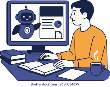 Aprendizagem On-line: Ilustração vetorial de um homem estudando com um tutor de robôs.
