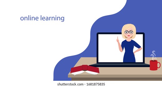 online learning. vector illustration. open laptop on the table. home schooling.