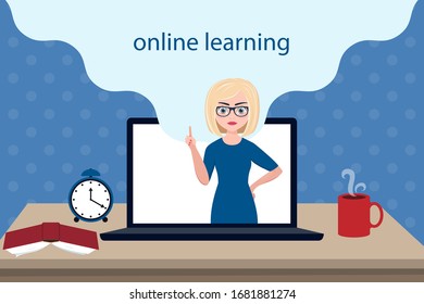 online learning. vector illustration. open laptop on the table. home schooling, a student 's place of work at home.