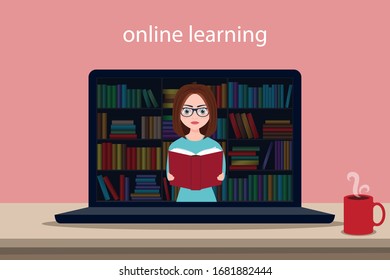 online learning. vector illustration. open laptop on the table. electronic library, a teacher with a book in his hands.  home schooling.