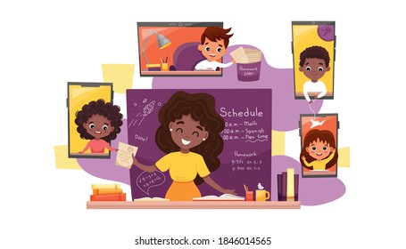 Online learning vector illustration. Study at home, online test, distance learning concept. Brunette teacher with dark skin teaches children online using a smartphone, laptop and tablet