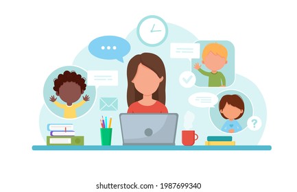 Online learning vector illustration. Study at home, online test, distance learning concept.Teacher teaches children online