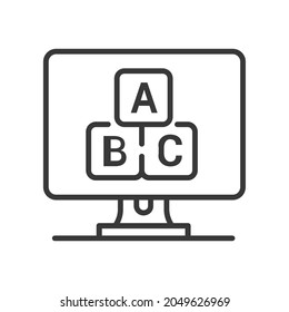 Online learning - vector line design single isolated icon on white background. High quality black pictogram. Cubes with letters on the monitor screen. Remote education in form of a game for the kids