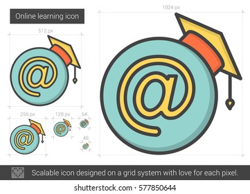 Ícone de linha de vetor de aprendizagem online isolado no plano de fundo branco. Ícone de linha de aprendizado online para infográfico, site ou aplicativo. Ícone escalável projetado em um sistema de grade.