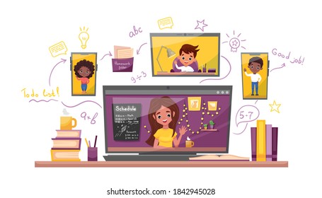 Online learning vector stock illustration. Study at home, online test, distance learning concept. Teacher gets the online lesson with students using a smartphone, laptop and tablet