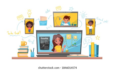 Online learning vector stock illustration. Study at home, online test, distance learning concept. Children working at laptop notebook, smartphone doing school homework, coronavirus quarantine concept.