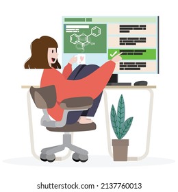 Online learning vector stock illustration. 
The girl chooses the correct answer in test, with hot drink in her hand. The concept of Online learning, online test, distance learning.