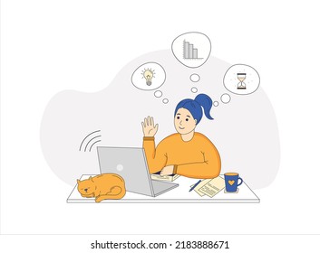 Online learning vector stock illustration. The concept of online learning at home, online education, distance learning.White skin girl sitting at the computer with her hand raised