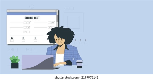 Online learning vector stock illustration. The girl chooses the correct answer in test, smile. The concept of online learning at home, online test, distance learning. brunette woman education concept