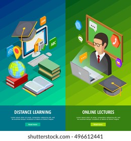 Online learning vertical banners set with distance learning symbols isometric isolated vector illustration 