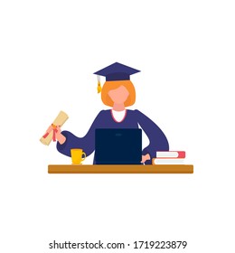 Online learning via video. Finding knowledge through digital media. Student with laptop. Graduate with a diploma. Work from home and stay home. E-learning concept. Vector Illustration 