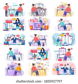 Aprendizaje en línea, video blog sobre cocina, medicina, aprendizaje de idiomas extranjeros, matemáticas y deporte. La gente estudia a distancia. Mujer y hombre con laptop viendo una lección de video sobre varios temas