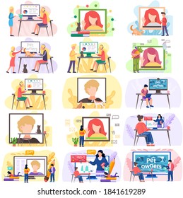 Online learning and videoconferencing scenes set, online meeting workspace. Video call chat conference. Woman and man speaking over web camera, communicating at distance. Students study remotely