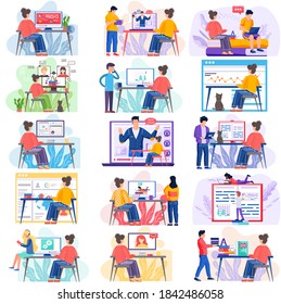 Online learning and videoconferencing scenes set, online meeting workspace. Video call chat conference. Woman and man speaking over web camera, communicating at distance. Students study remotely