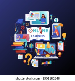 Online Learning Web Banner Flat Vector Template. Electronic Library, Books E Reading Illustration. Internet Video Tutorials, Distant Classes And Lessons, Remote Education Poster Design