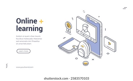 Online learning web banner template. Digital learning tools, featuring a smartphone with a video lecture, a backpack, and interactive icons for online education