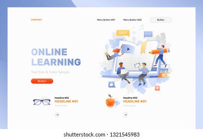 Online learning web header template with tiny people charactrs around an open laptop, e-book sticking out of screen, books, apple and eye 
glasses. Web page header layout for online courses, websites.