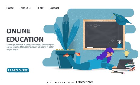 Aprendizaje en línea, diseño de páginas web, niña con una laptop tendida debajo de una pizarra, educación en tecnologías de Internet para computadoras, dibujos animados de ilustraciones de vectores planos