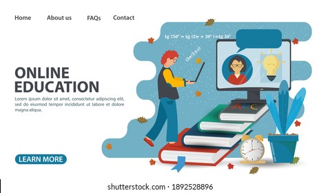 Online learning, web page design, a boy goes up the stairs with a laptop from books, home education on computer Internet technologies, flat vector illustration cartoon