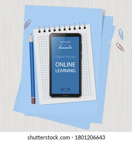 Online learning website page on smartphone screen. Distance e-learning education, digital school. Modern technologies in education. Flat lay. Vector illustration