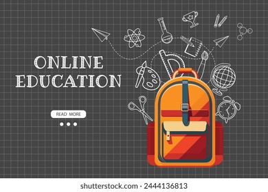 Online learning website template. School backpack with various science icons on a checkered background. Illustration, template for landing page. Vector