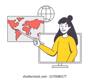 Online Learning with Woman Instructor from Computer Pointing at Globe Map Teaching Geography Engaged in Virtual Classes Outline Vector Illustration