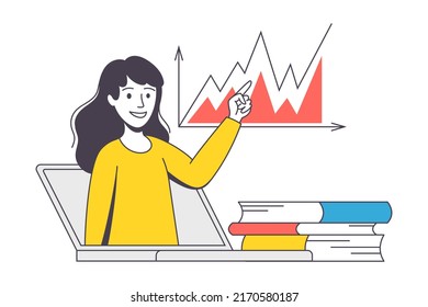 Online-Lernen mit weiblichen Instruktoren von Laptop-Pointing an Graph-Unterricht in virtuellen Klassen Outline-Vektorgrafik engagiert