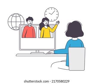 Online Learning with Woman Student Engaged in Virtual Classes Outline Sitting at Computer Screen Vector Illustration